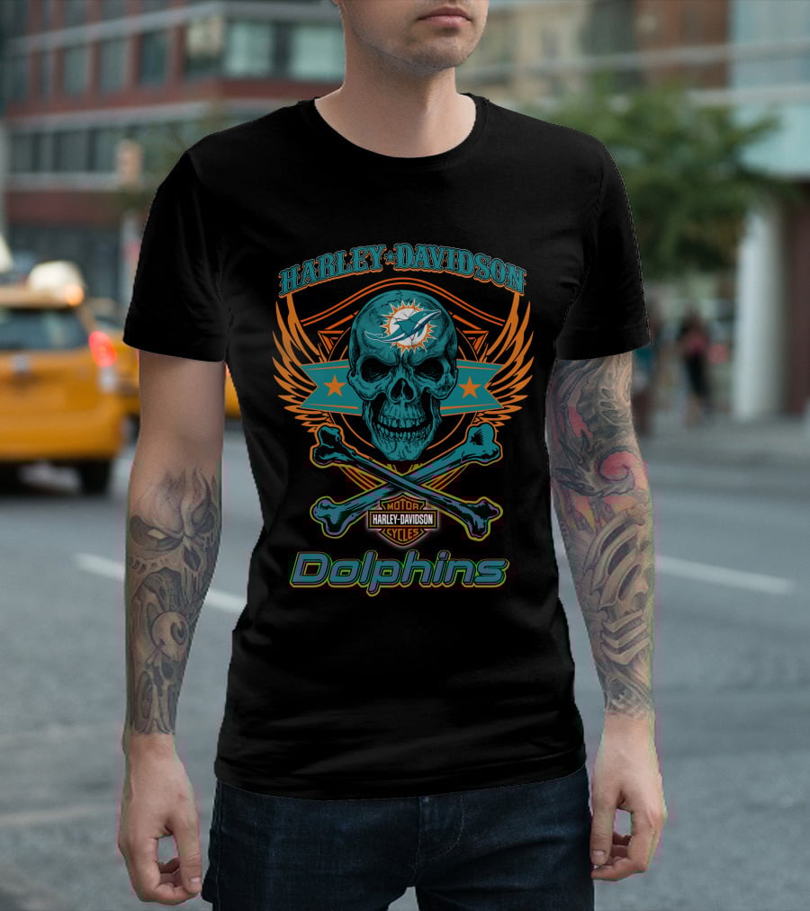 Harley Davidson Motorcycles Miami Dolphins Skull And Crossbones T-Shirt