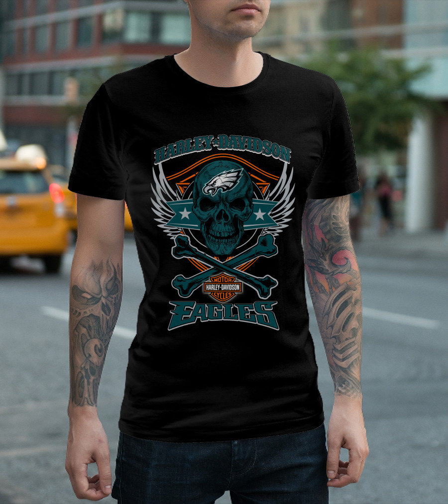 Harley Davidson Philadelphia Eagles Skull Wings T-Shirt