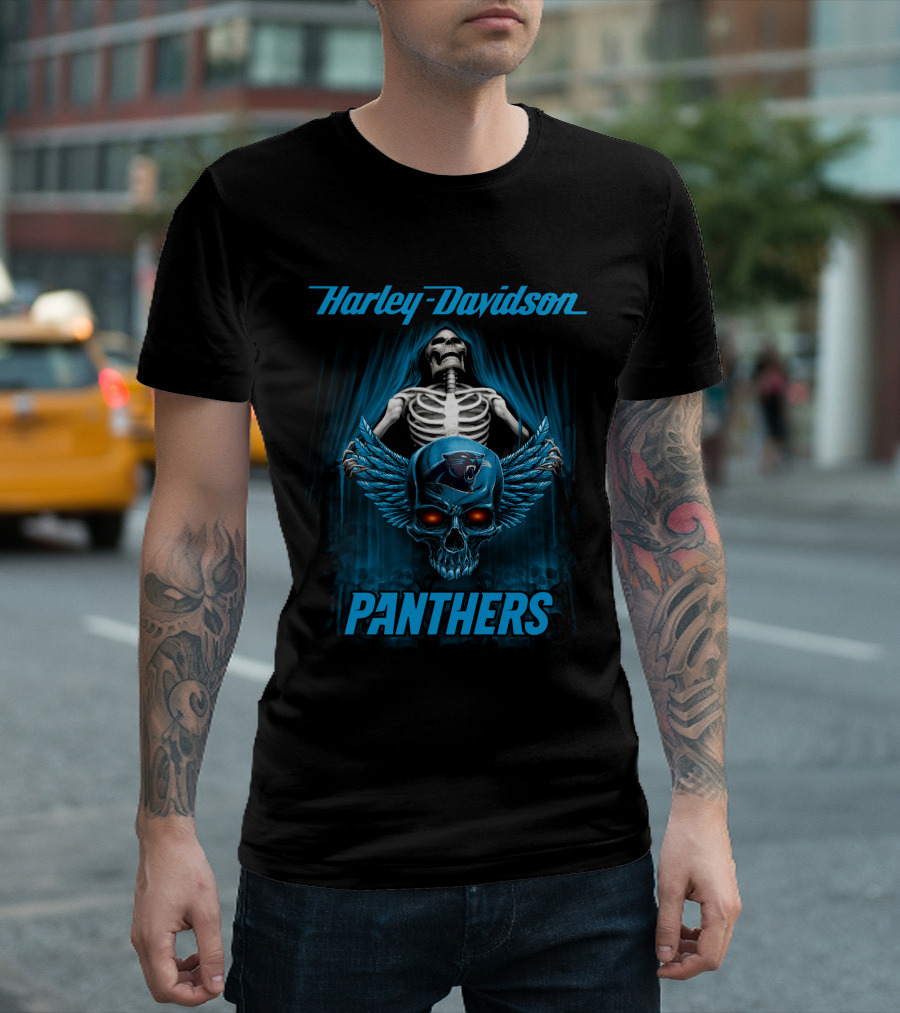 Harley Davidson Panthers Carolina Panthers Nfl Skull Wings Skeleton T-Shirt