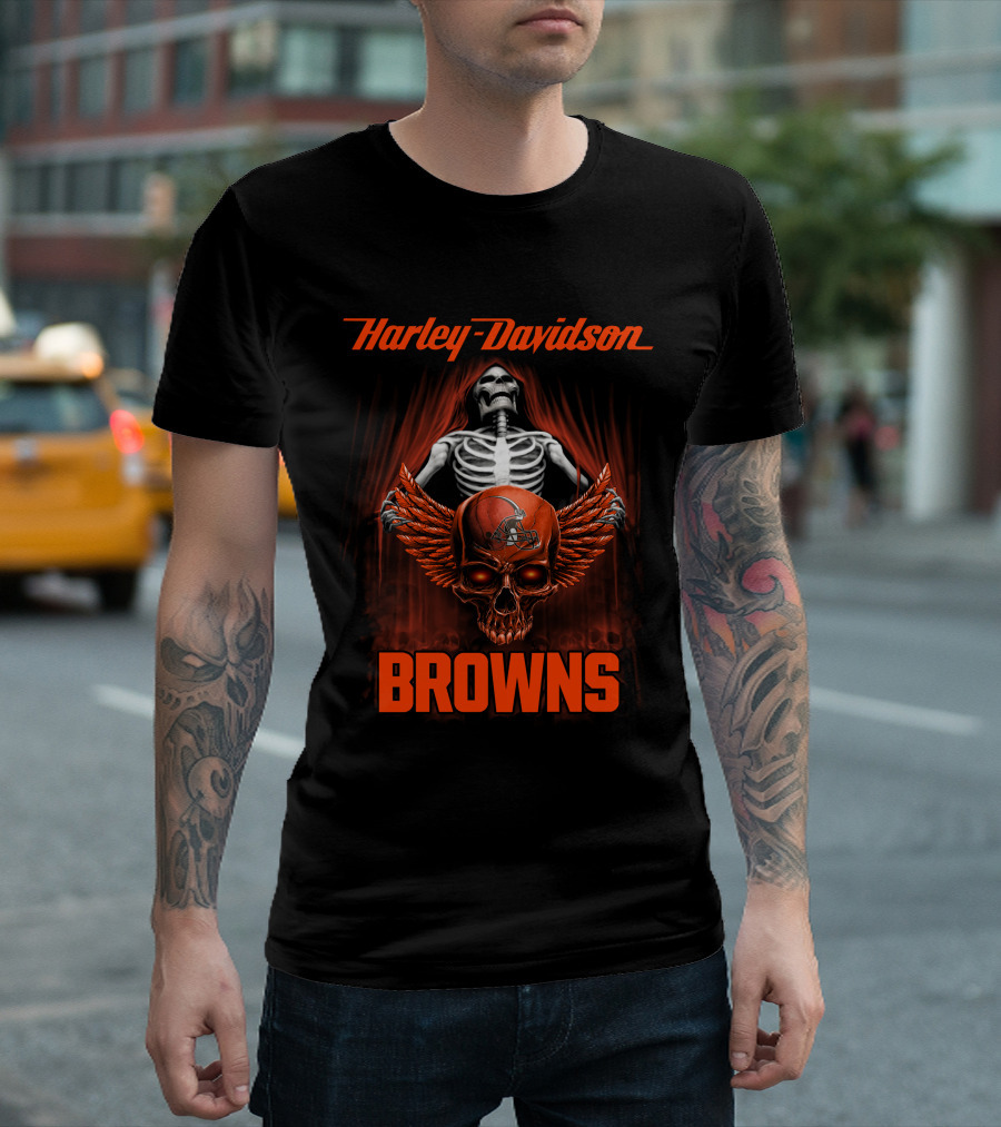 Harley Davidson Cleveland Browns Skull Wings T-Shirt