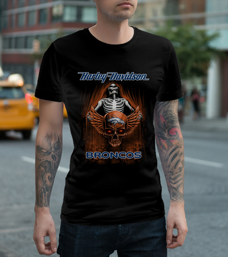 Harley Davidson Broncos Skull Skeleton Denver T-Shirt