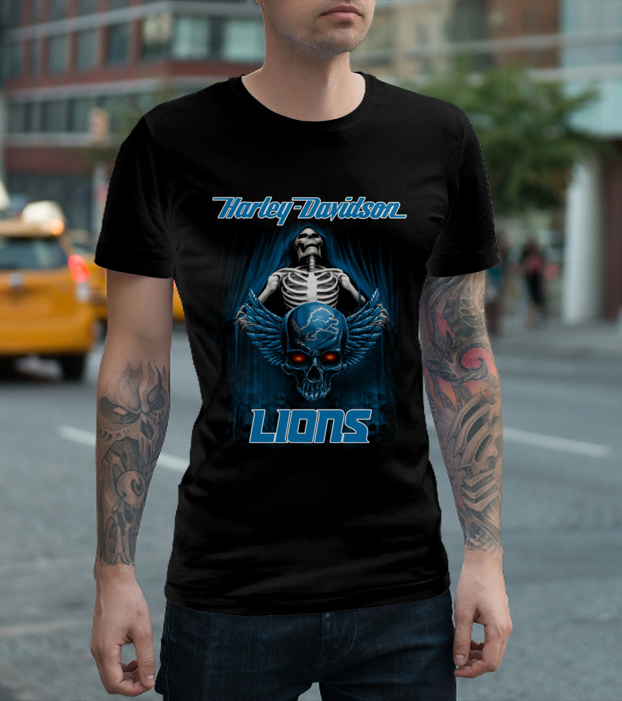 Harley Davidson Lions Skeleton And Winged Skull Detroit T-Shirt