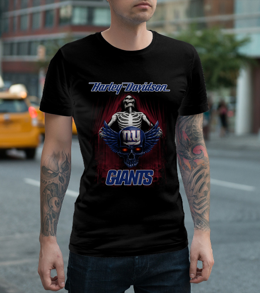 Harley Davidson New York Giants Skeleton Skull Wings T-Shirt