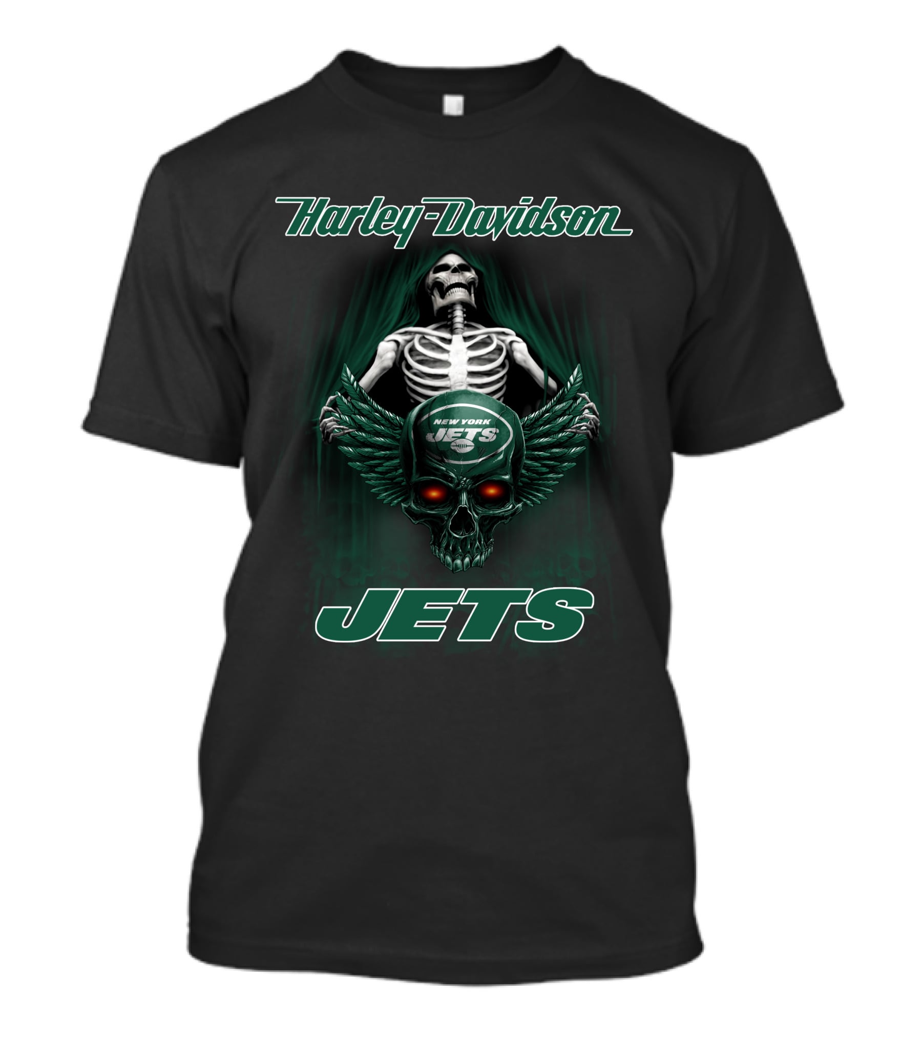 Harley Davidson New York Jets Skeleton Winged Skull T-Shirt