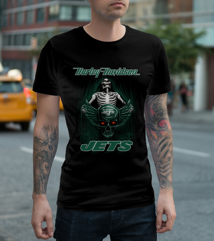 Harley Davidson New York Jets Skeleton Winged Skull T-Shirt