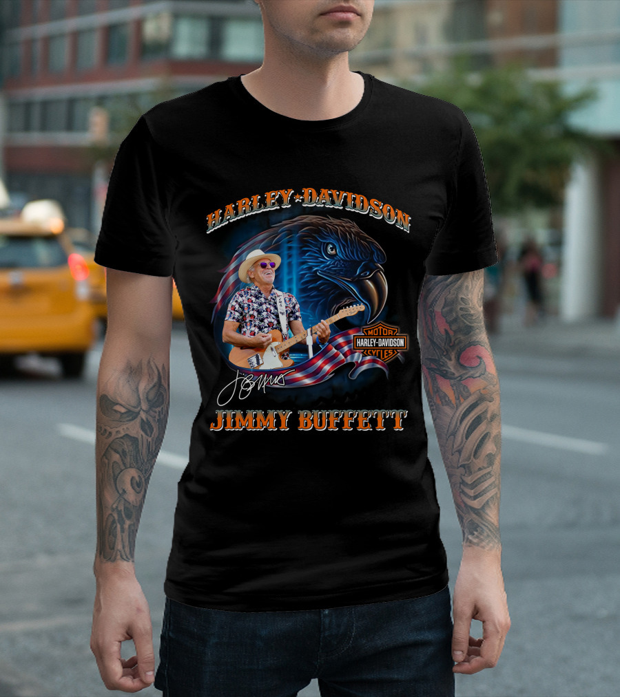 Harley Davidson Jimmy Buffett American Flag Eagle Guitar T-Shirt