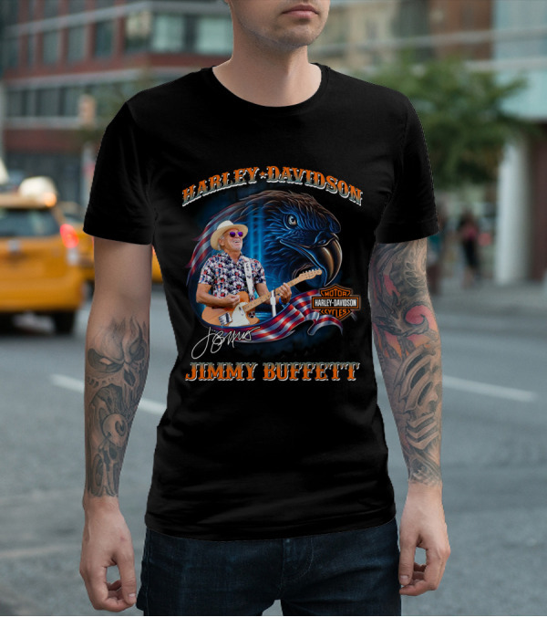 Harley Davidson Jimmy Buffett American Flag Eagle Guitar T-Shirt