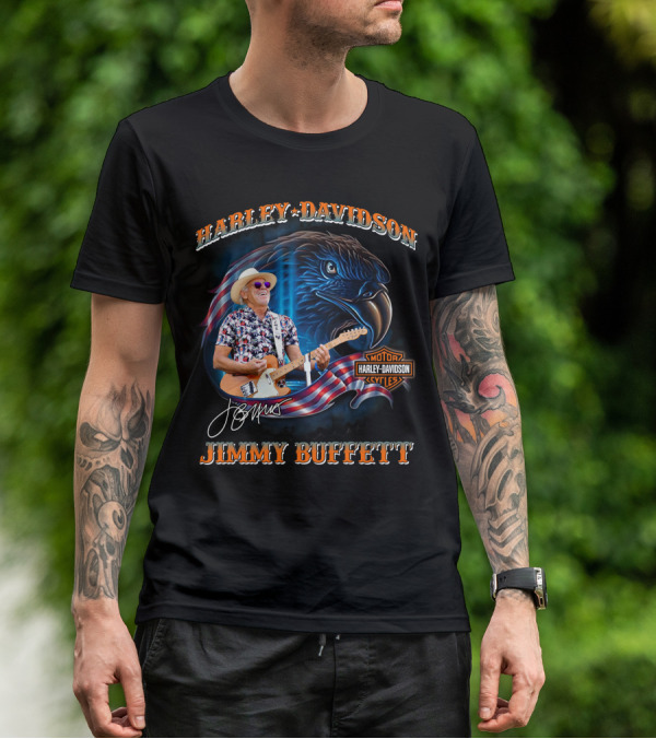Harley Davidson Jimmy Buffett American Flag Eagle Guitar T-Shirt
