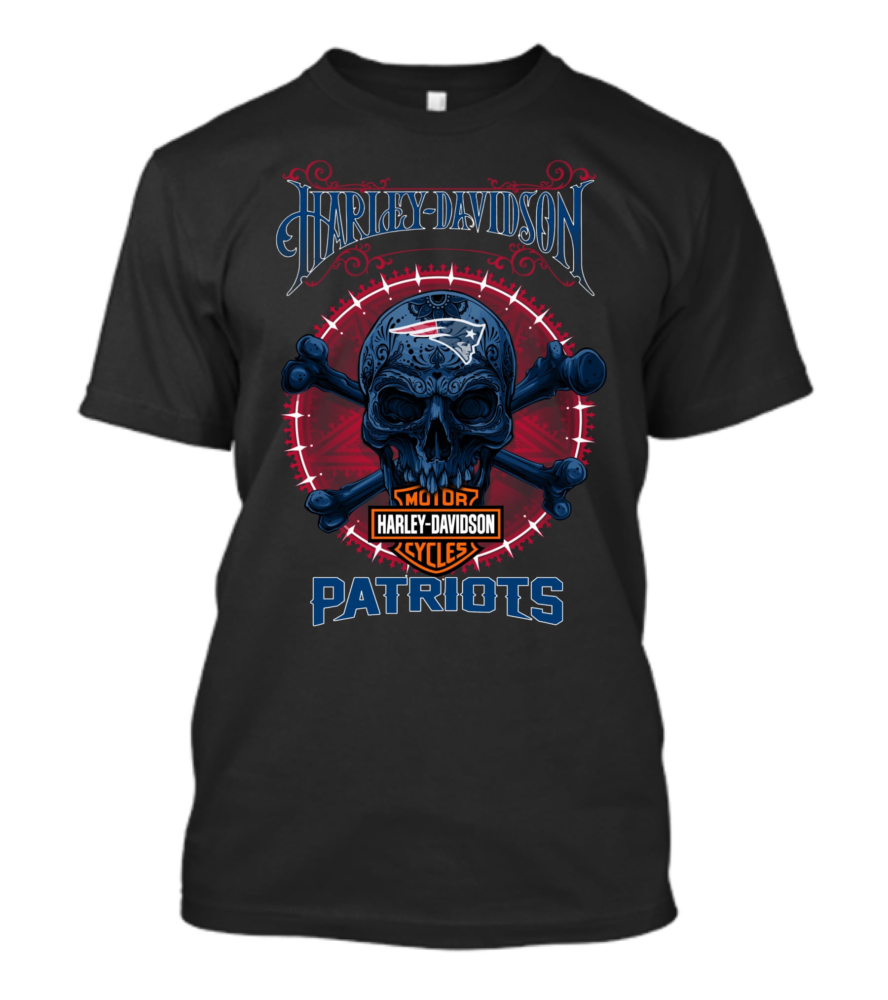 Harley Davidson Motor Cycles New England Patriots Skull T-Shirt