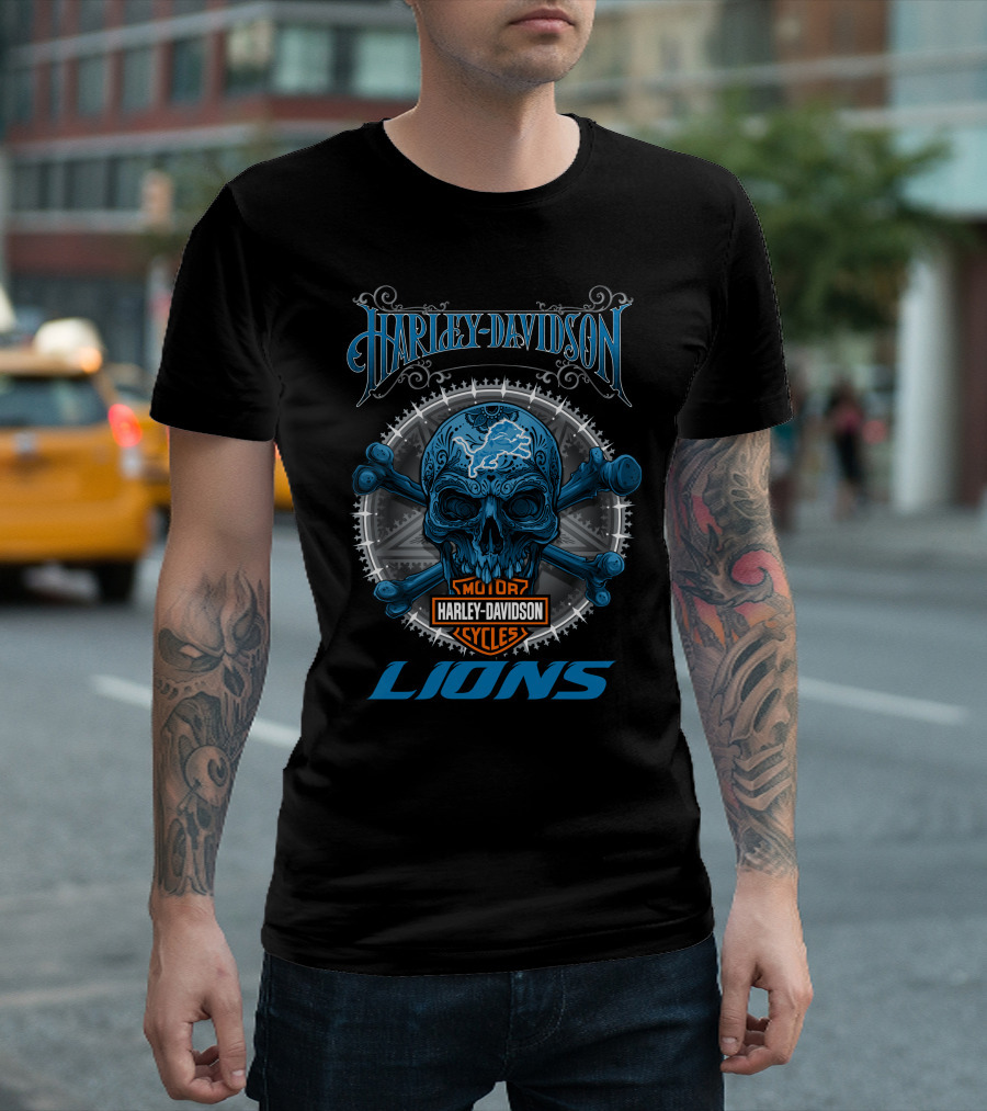 Harley Davidson Motor Cycles Skull Detroit Lions T-Shirt