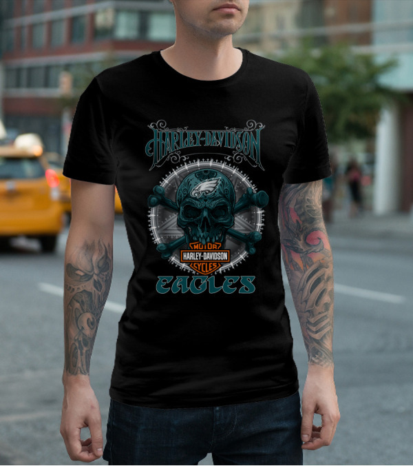 Harley Davidson Philadelphia Eagles Motor Cycles Skull T-Shirt