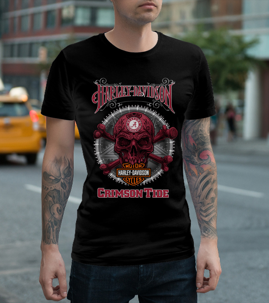 Harley Davidson Alabama Crimson Tide Skull Crossbones Ncaa T-Shirt