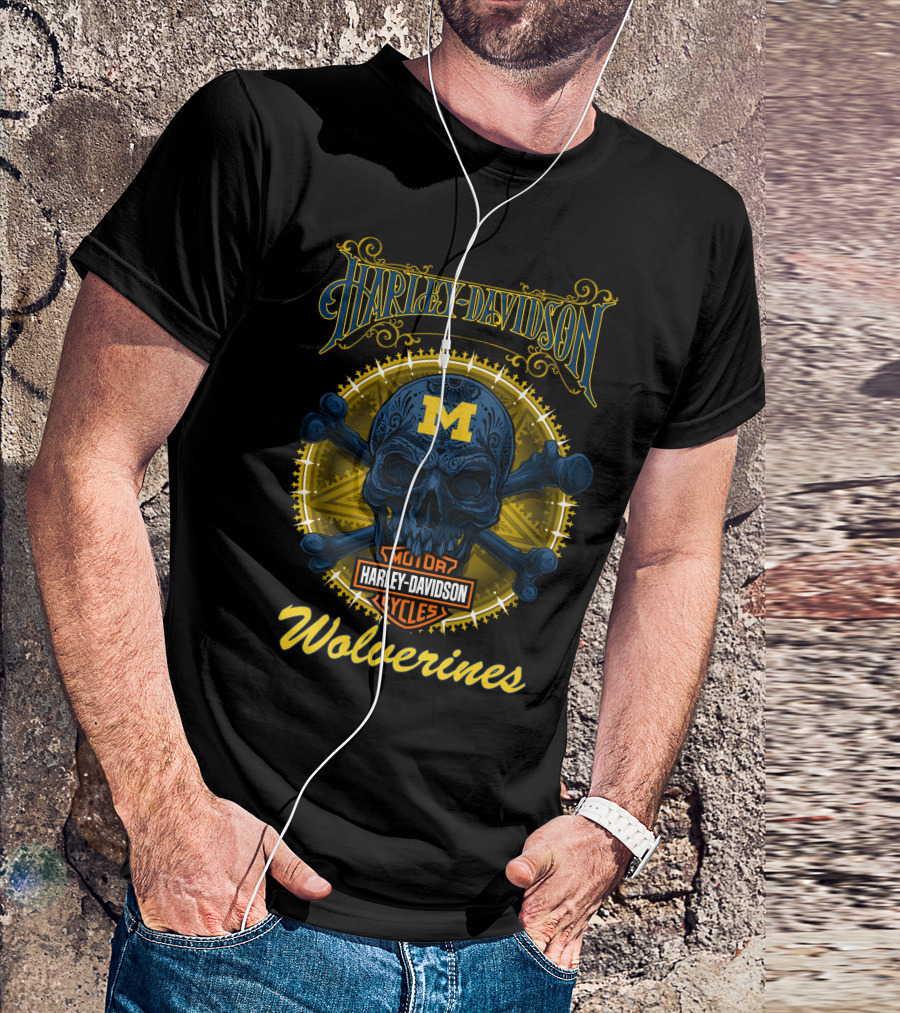 Harley Davidson Michigan Wolverines Skull Motor Cycles T-Shirt