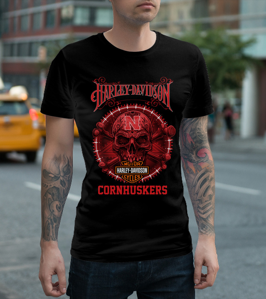 Harley Davidson Nebraska Cornhuskers Skull Motor Cycles T-Shirt