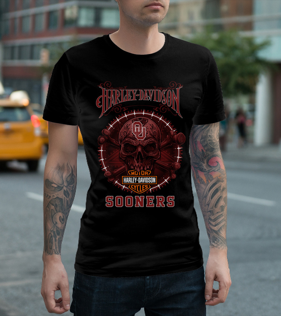 Harley Davidson Motor Cycles Ou Sooners Skull T-Shirt
