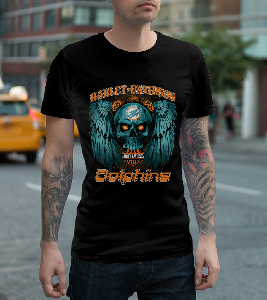 Harley Davidson Miami Dolphins Skull Wings T-Shirt
