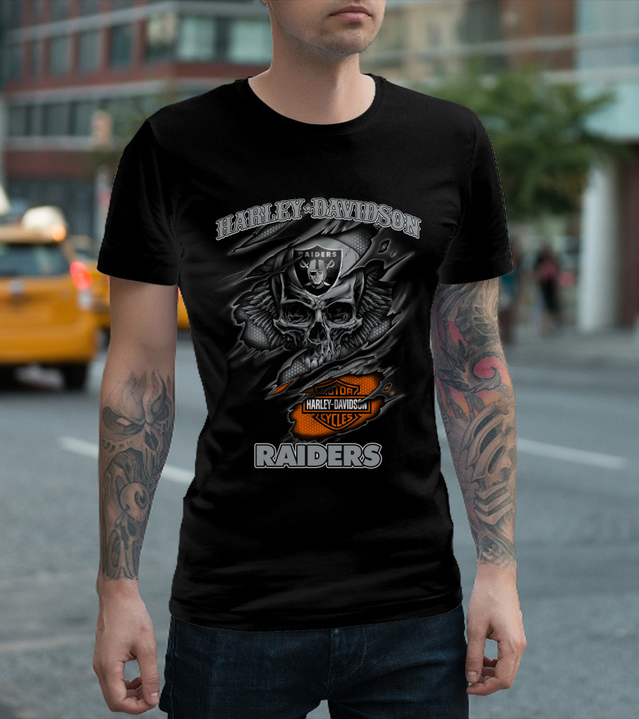 Harley Davidson Raiders Skull Graphic With Motor Cycles Logo Nfl 12.30 Las Vegas Raiders T-Shirt