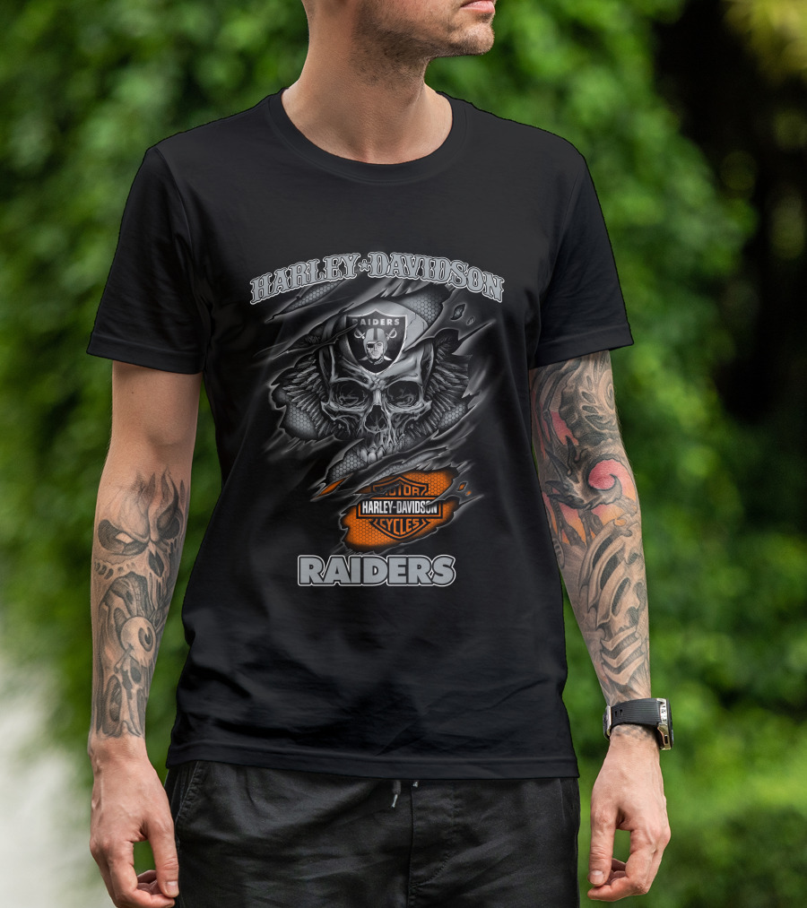 Harley Davidson Raiders Skull Graphic With Motor Cycles Logo Nfl 12.30 Las Vegas Raiders T-Shirt