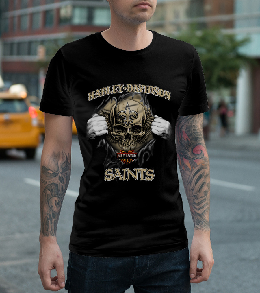Harley Davidson Skull New Orleans Saints Nfl Major Cycles T-Shirt