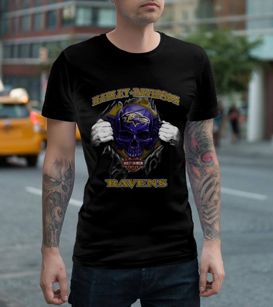 Harley Davidson Baltimore Ravens Skull Nfl Football T-Shirt
