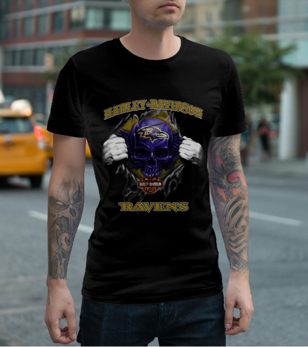 Harley Davidson Baltimore Ravens Skull Nfl Football T-Shirt
