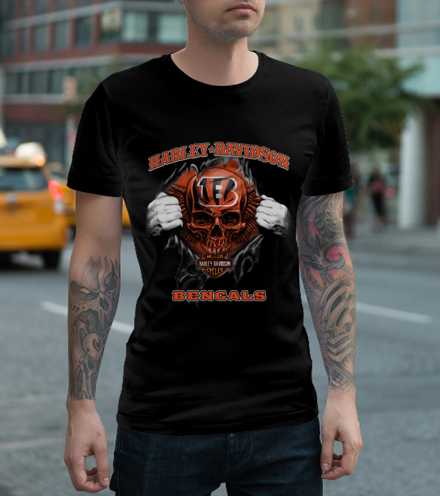Harley Davidson Nfl Skull Cincinnati Bengals Motorcycles T-Shirt