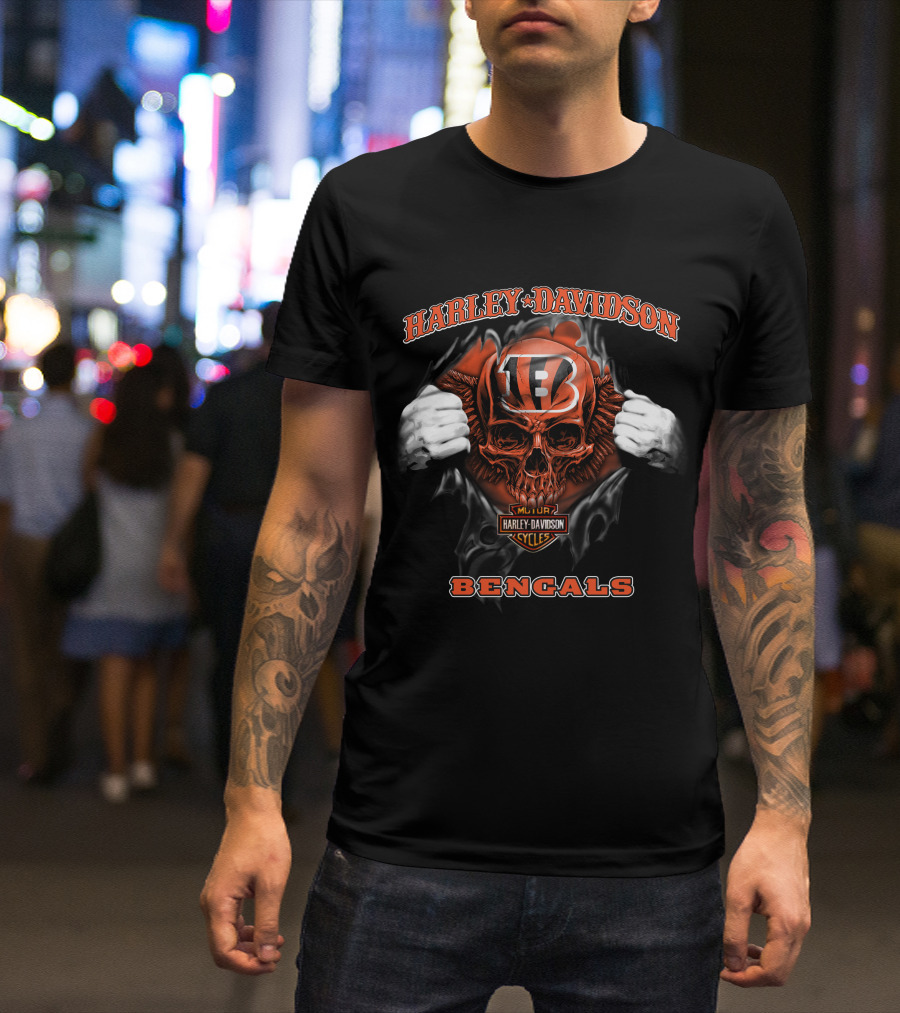 Harley Davidson Nfl Skull Cincinnati Bengals Motorcycles T-Shirt