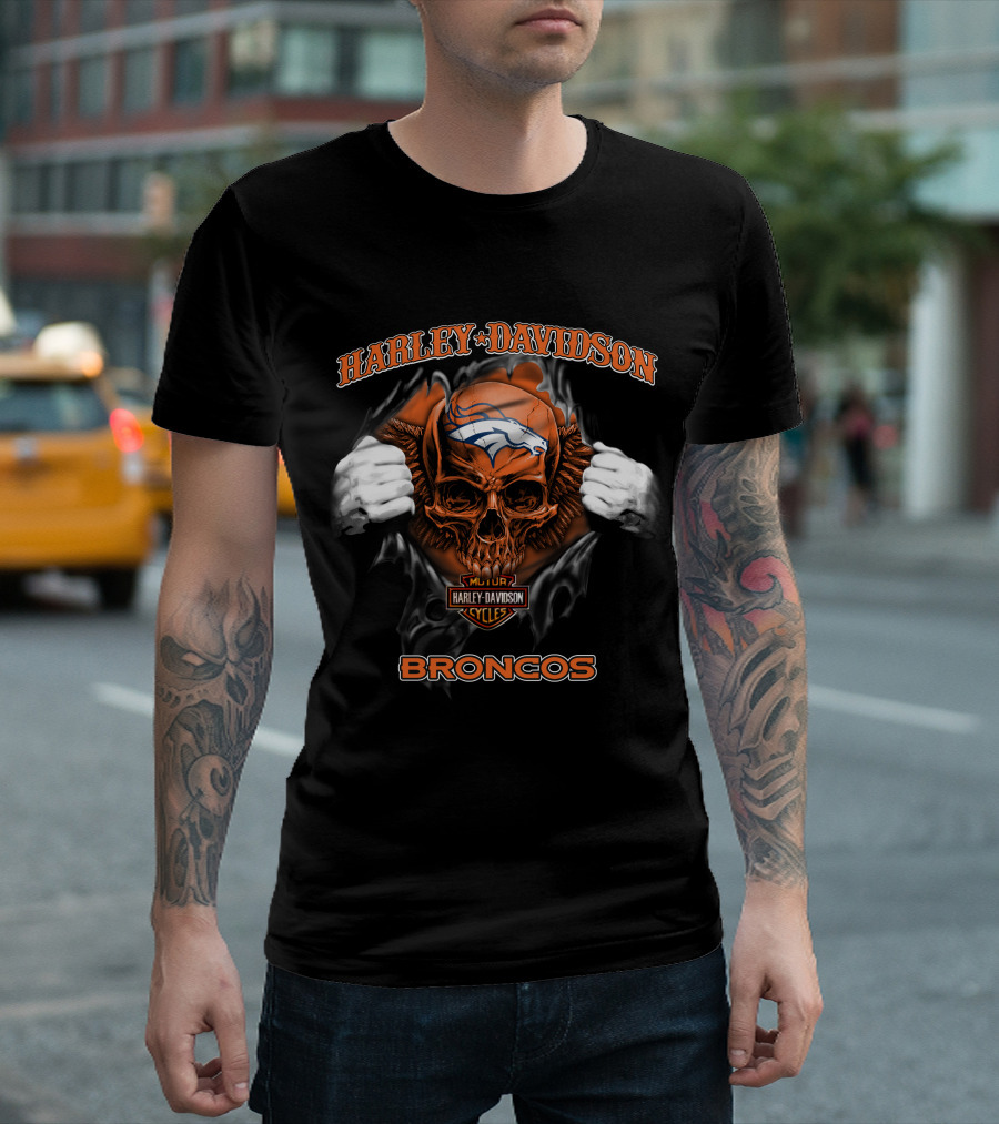 Harley Davidson Skull Denver Broncos Nfl Cycles T-Shirt