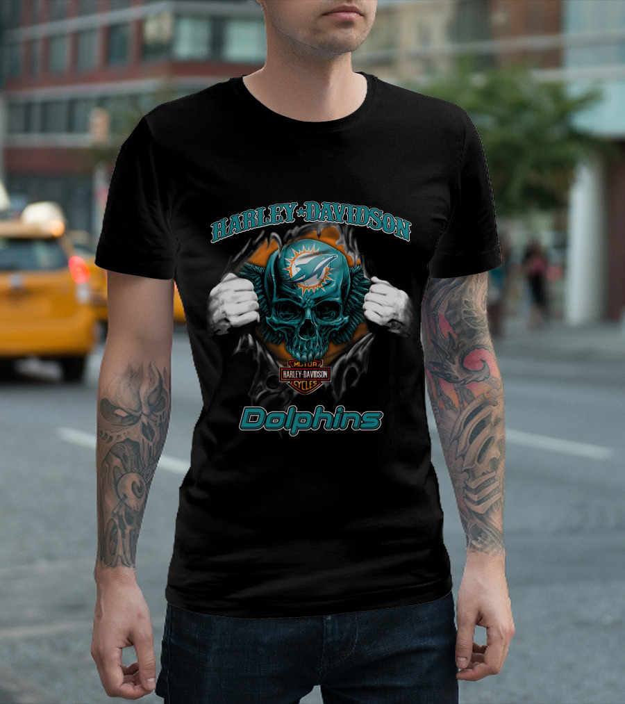 Harley Davidson Miami Dolphins Skull Nfl Cycles T-Shirt