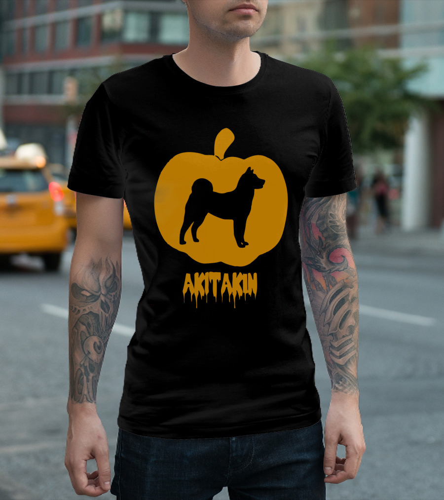 Akita Kin Silhouette Inside Pumpkin Shape T-Shirt