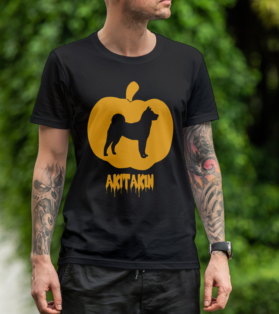 Akita Kin Silhouette Inside Pumpkin Shape T-Shirt