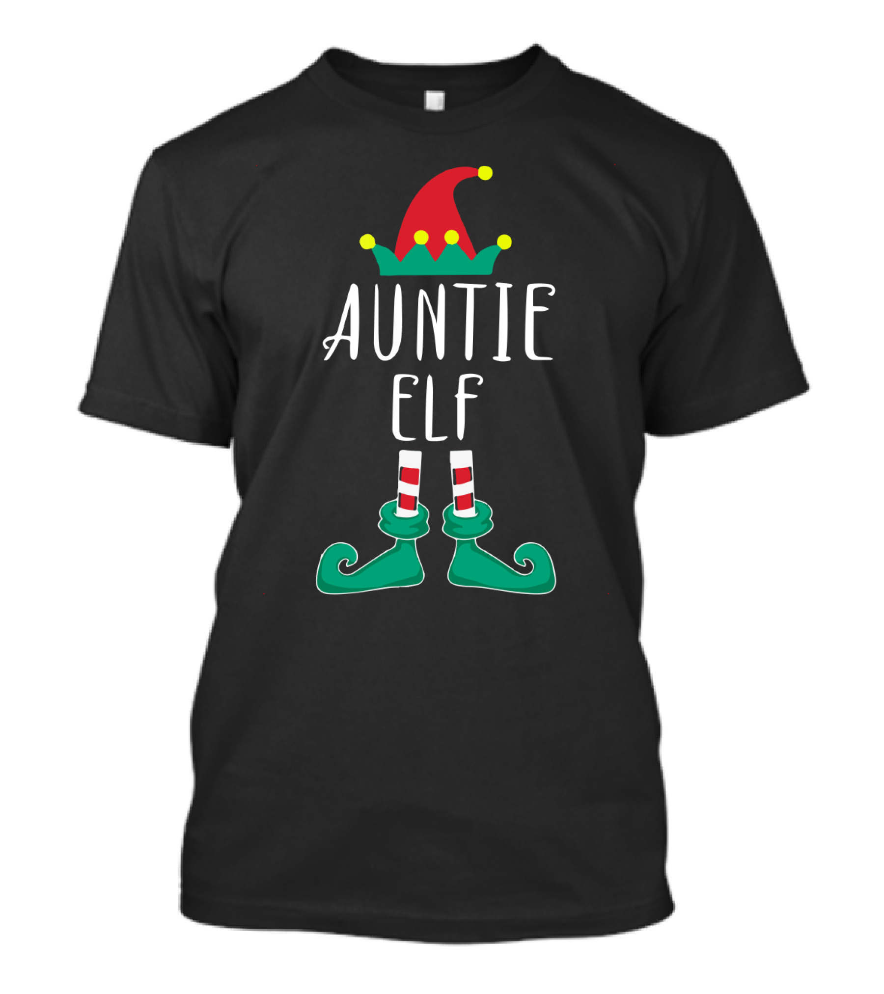 Auntie Elf Santa Hat Green Shoes Red White Striped Stockings Holiday T-Shirt