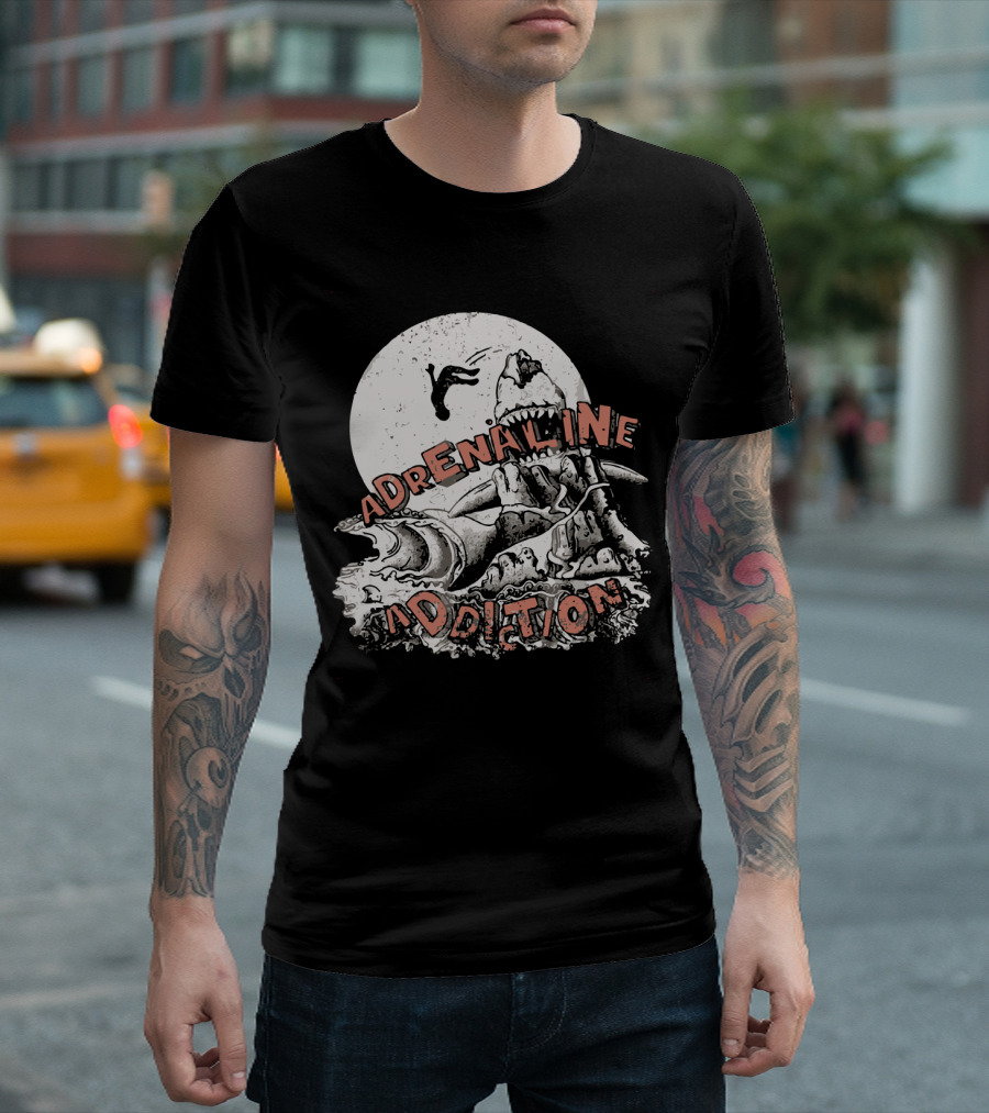 Adrenaline Addiction Shark Diver Adventure In Enormous Wave And Full Moon Scene T-Shirt