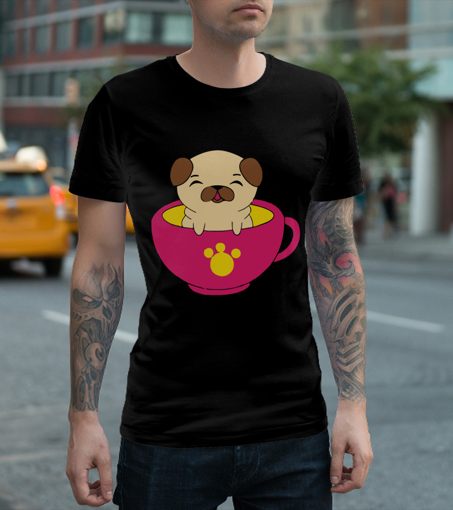 Kawaii Pug in Pink Coffee Cup with Paw Prints T-Shirt