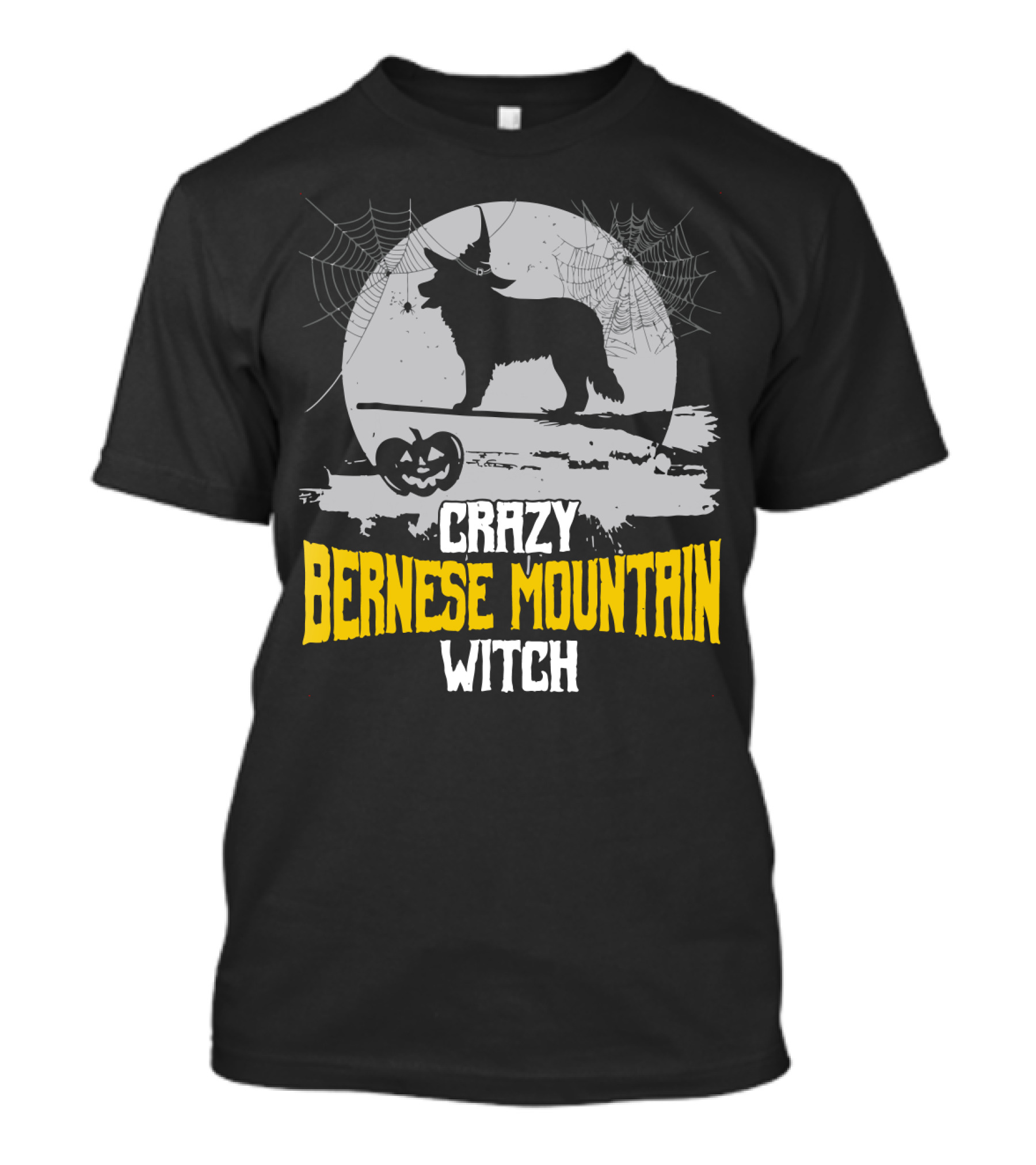 Crazy Bernese Mountain Witch With Moon, Spider Web, And Pumpkin T-Shirt
