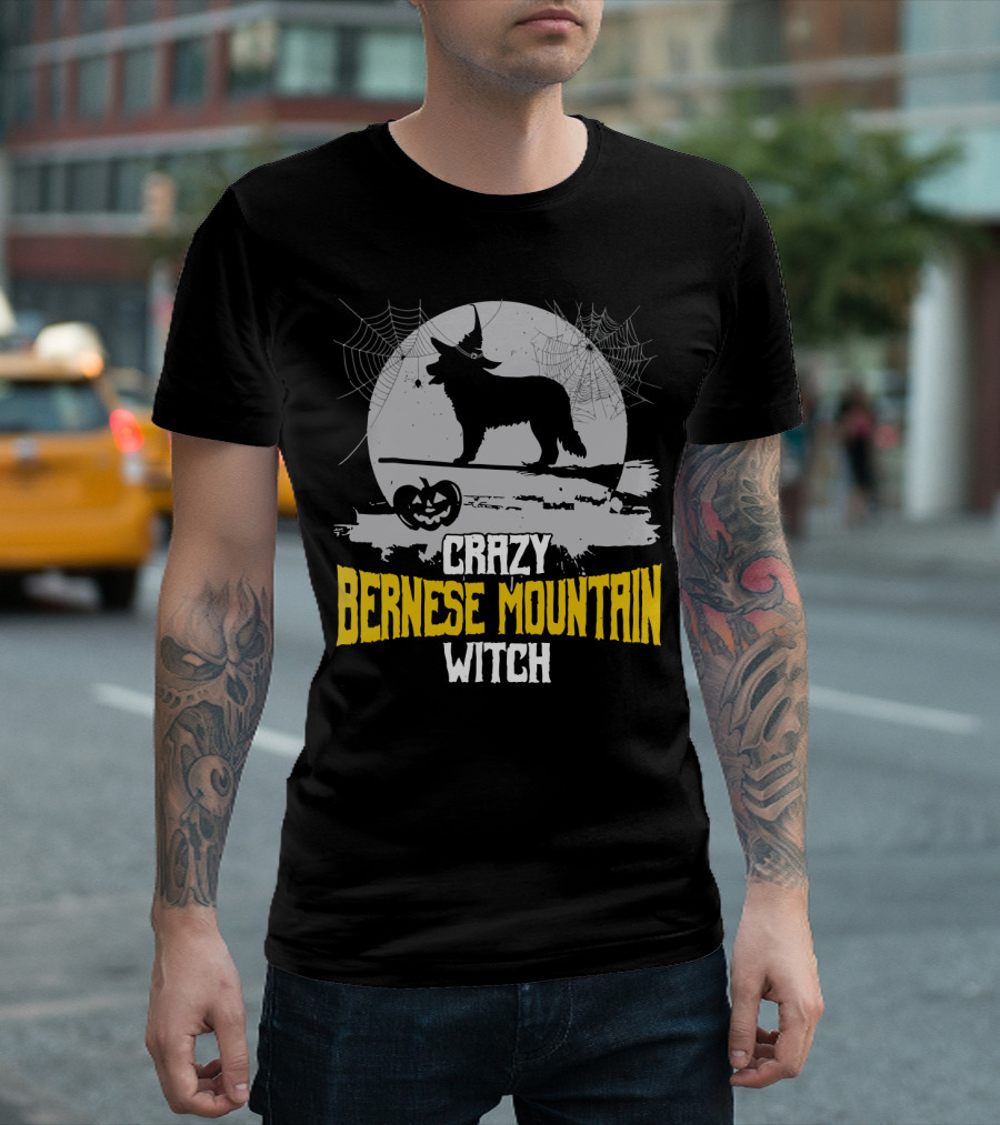 Crazy Bernese Mountain Witch With Moon, Spider Web, And Pumpkin T-Shirt