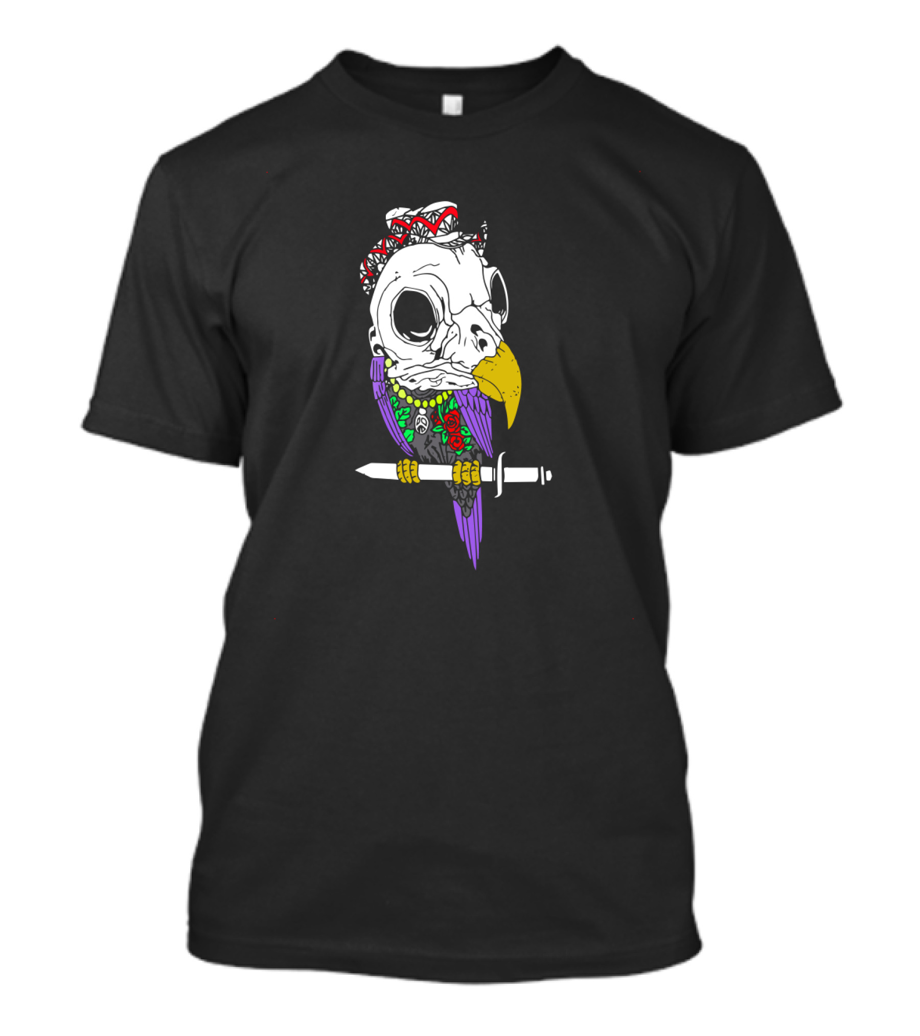 Bird Skull With Tattoo Style Dagger And Colorful Feathers Halloween T-Shirt
