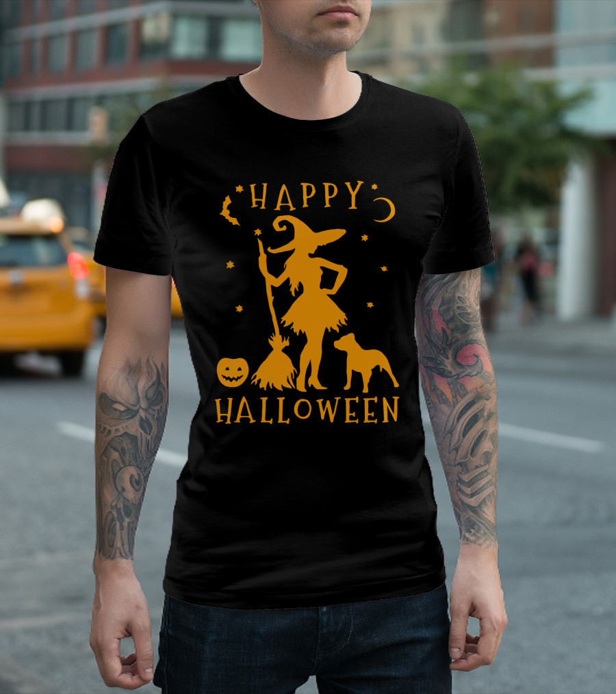 Happy Halloween Witch with Pitbull and Pumpkin T-Shirt