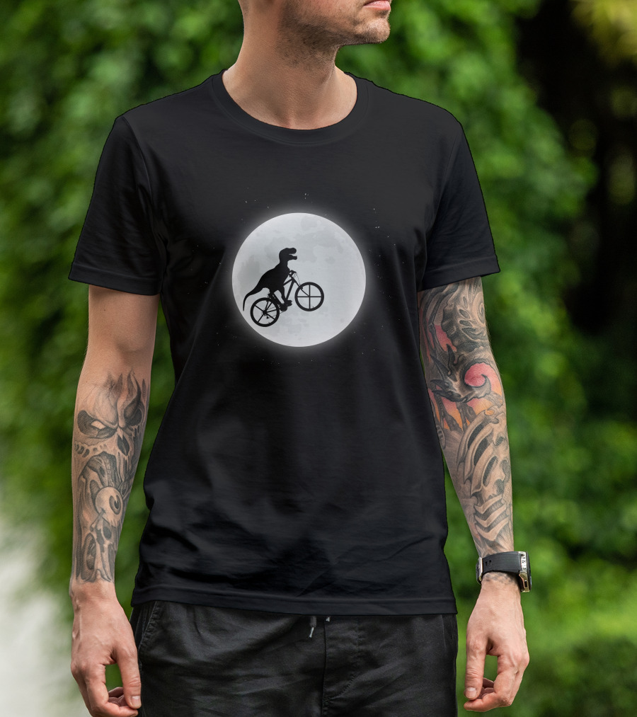 Dinosaur Silhouette Cycling Across The Full Moon Night Sky T-Shirt