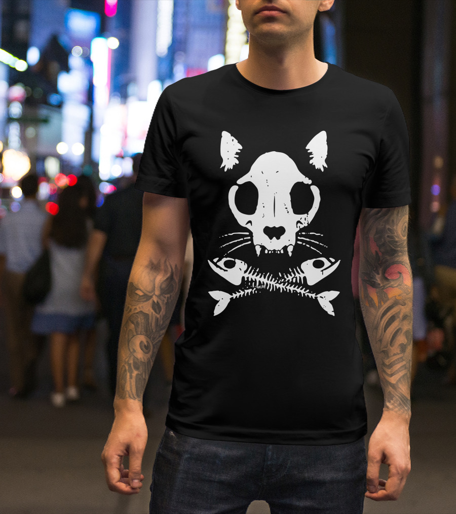Cat Skull N Bones Fish Skeleton Crossbones T-Shirt
