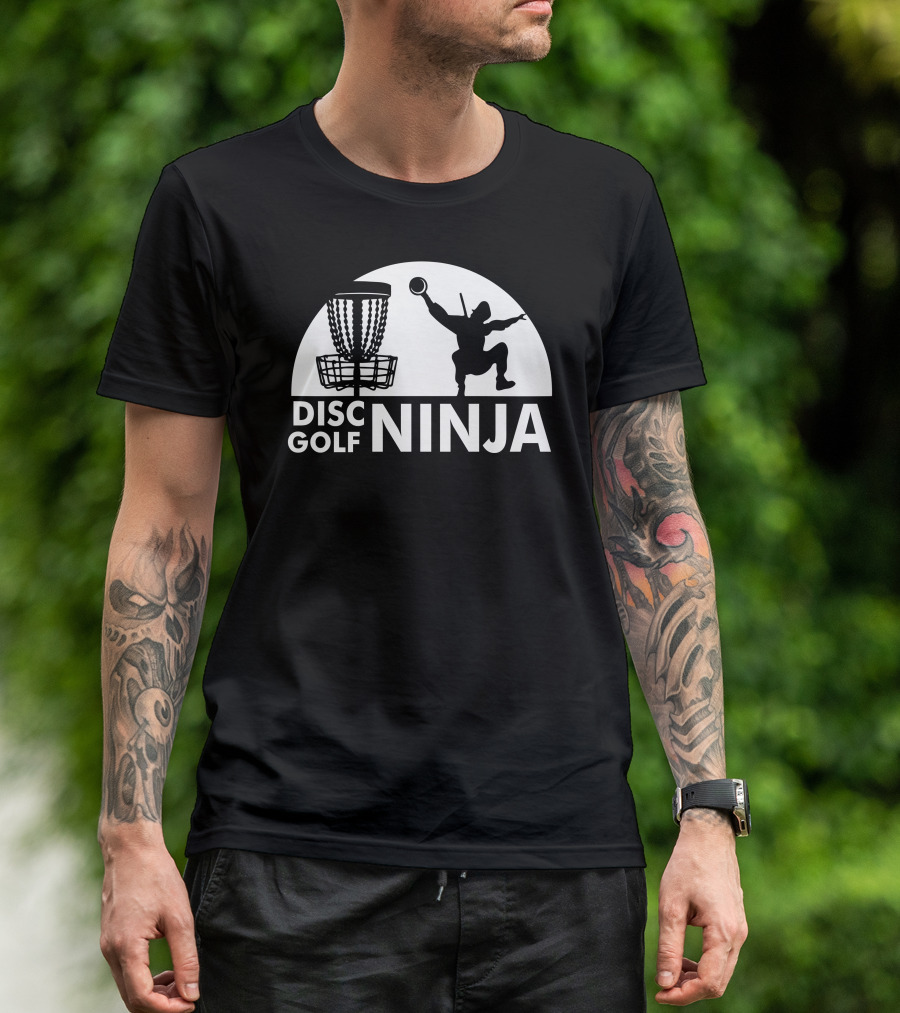 Disc Golf Ninja Silhouette With Basket And Throwing Pose T-Shirt