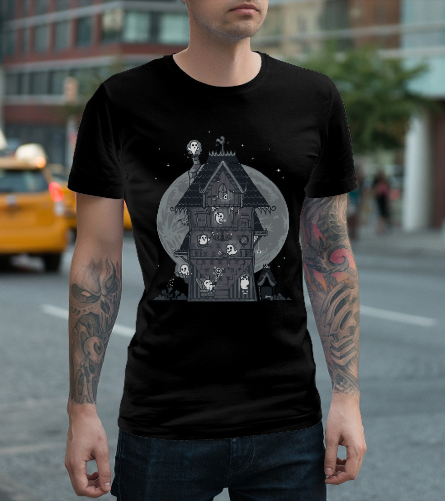Spooky Haunted House Chores with Ghosts and Full Moon T-Shirt