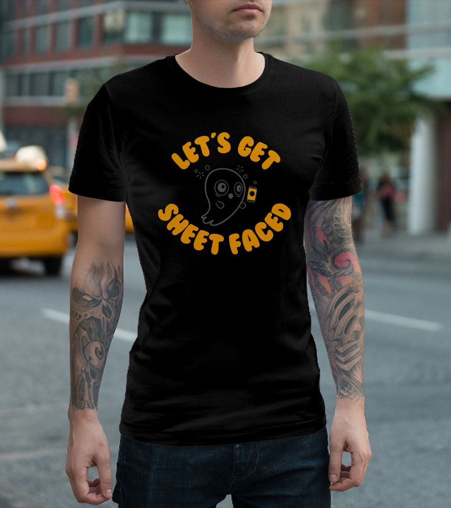 LET'S GET SHEET FACED Merry Ghost Holding Drink T-Shirt