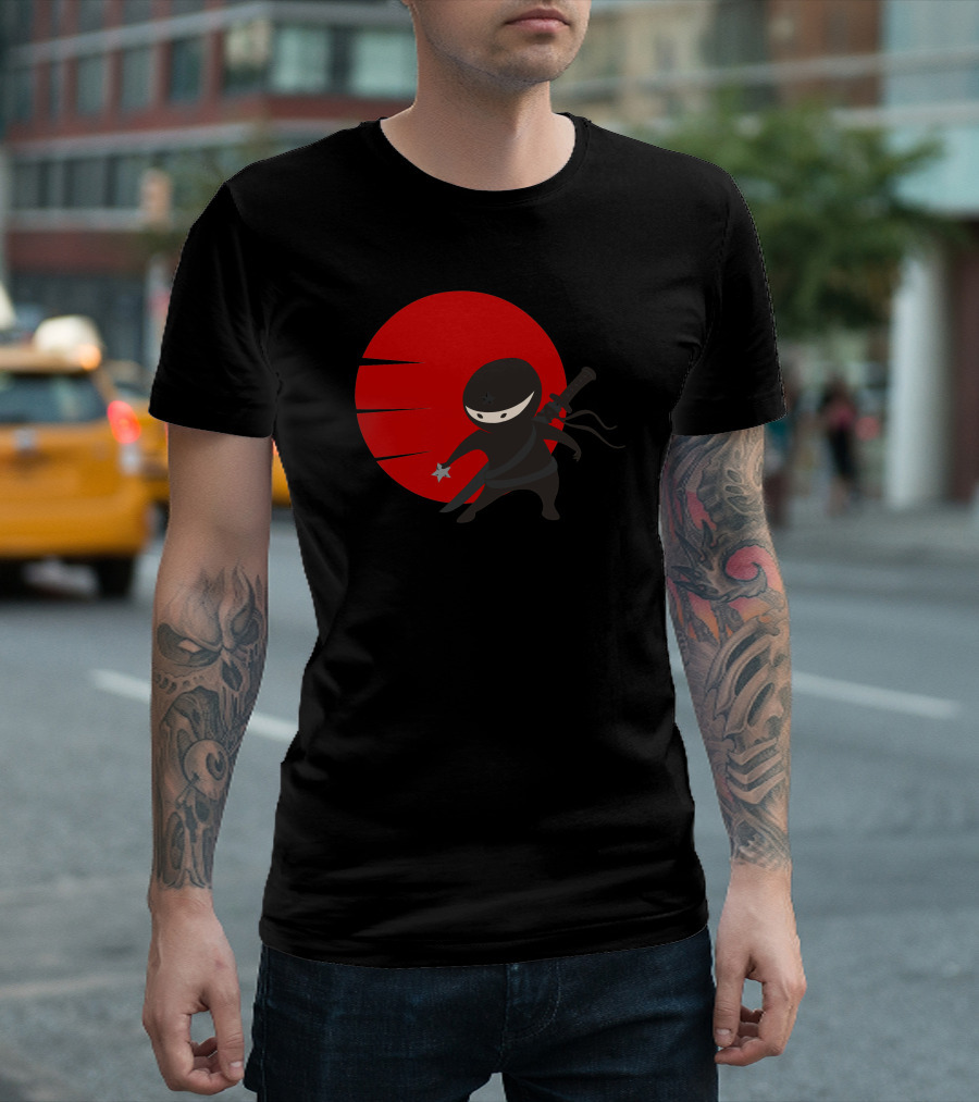 Little Ninja with Shuriken and Red Sun Background T-Shirt
