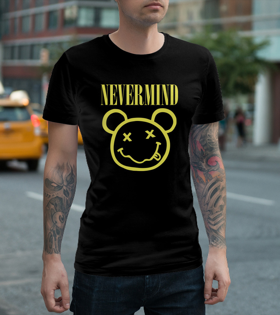 NEVERMIND Smiley Face Bear X Eyes Tongue Out T-Shirt