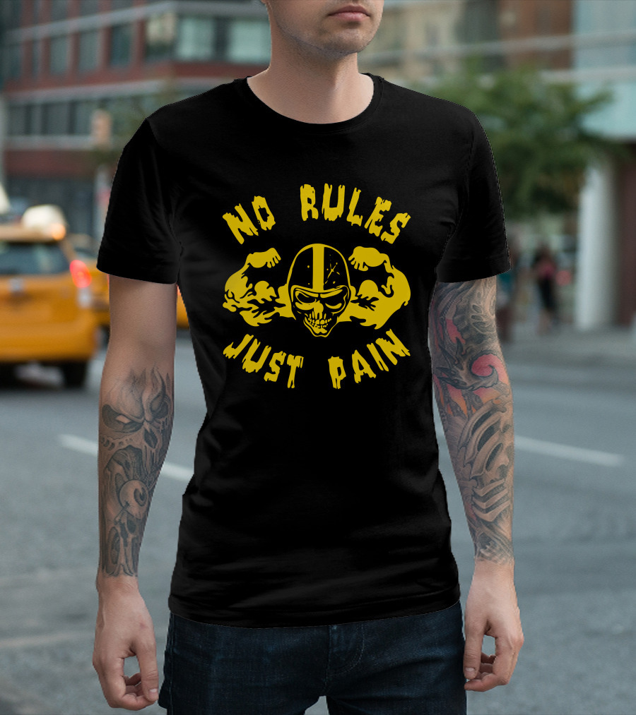 No Rules Just Pain Skull with Flexing Arms Football Helmet T-Shirt