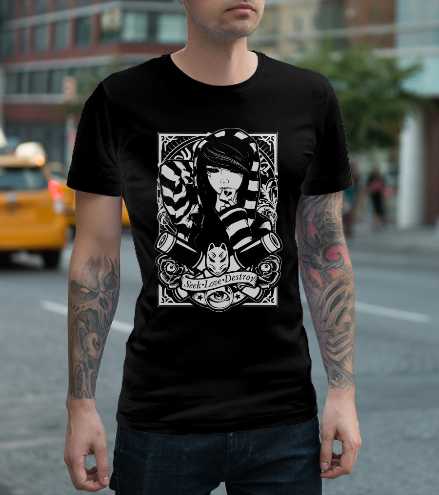 Seek Love Destroy Gothic Girl with Striped Hoodie and Mask T-Shirt