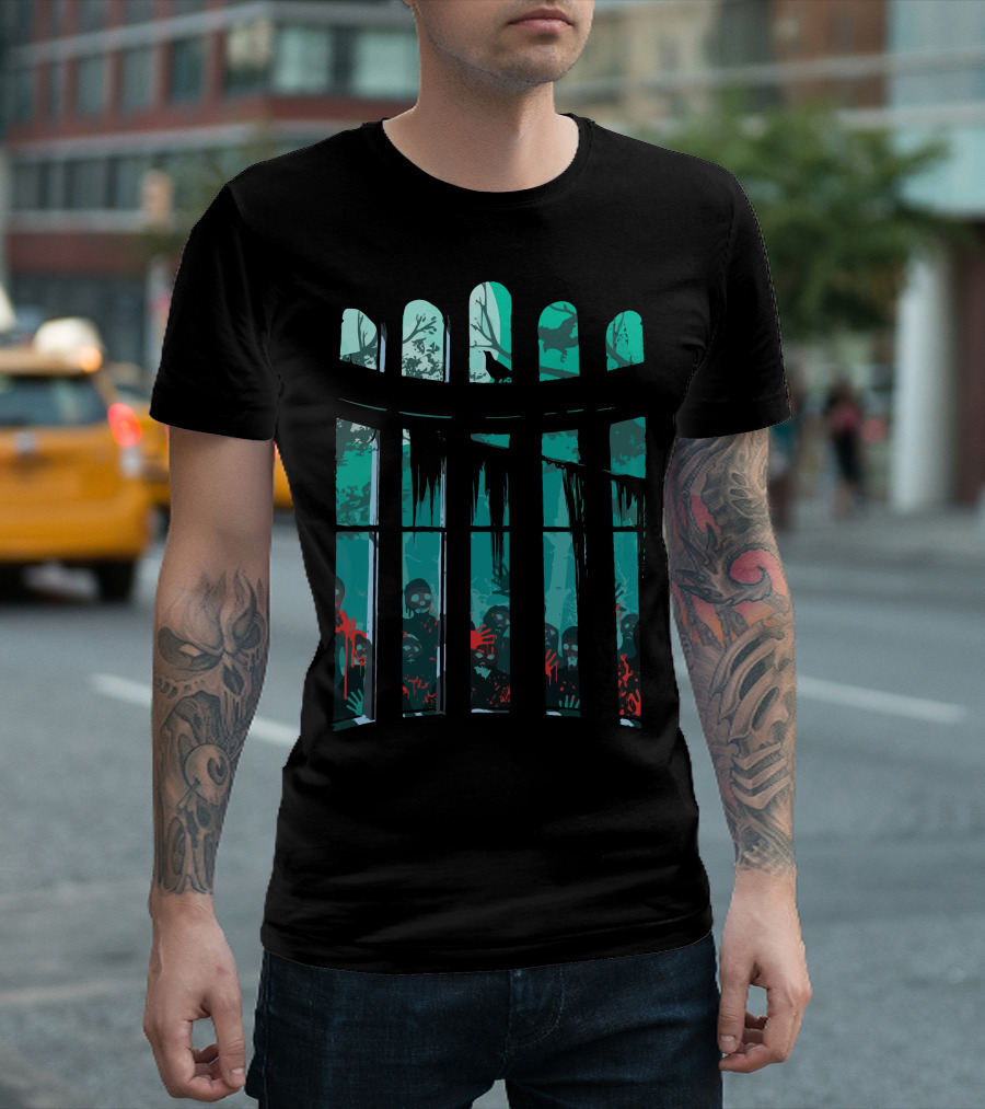 The Plague Zombies at Window in Haunted Forest Ravens T-Shirt