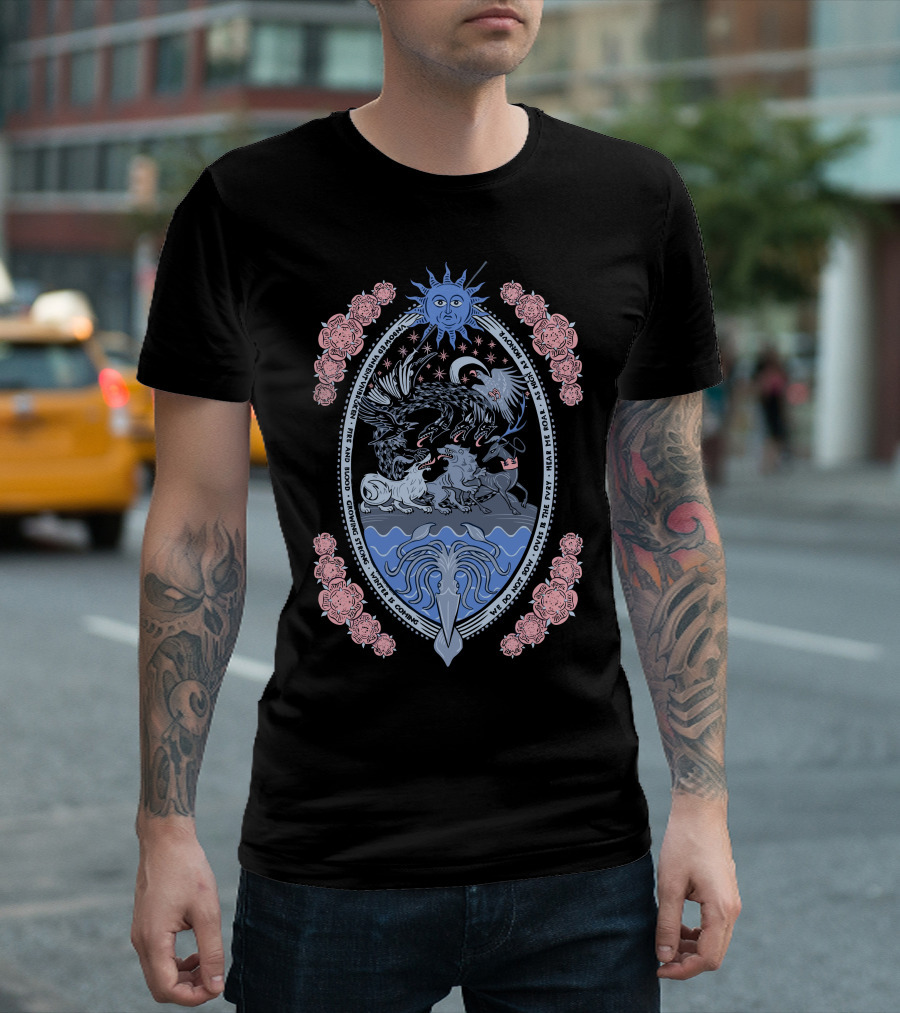 Ye Olde Throne Sun Moon Stars Roses Creatures Epic Battle Scene T-Shirt