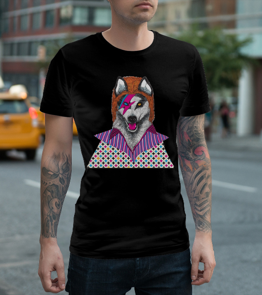 Wolf Stardog with Iconic Lightning Bolt Makeup in Colorful Ziggy T-Shirt